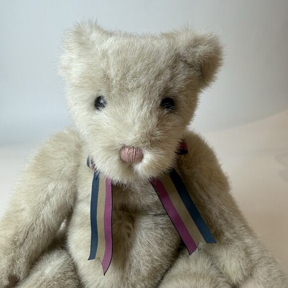 RARE TY Classic Teddy Bear Light Gray Brown with Maroon Navy Striped Bow - Picture 3 of 10
